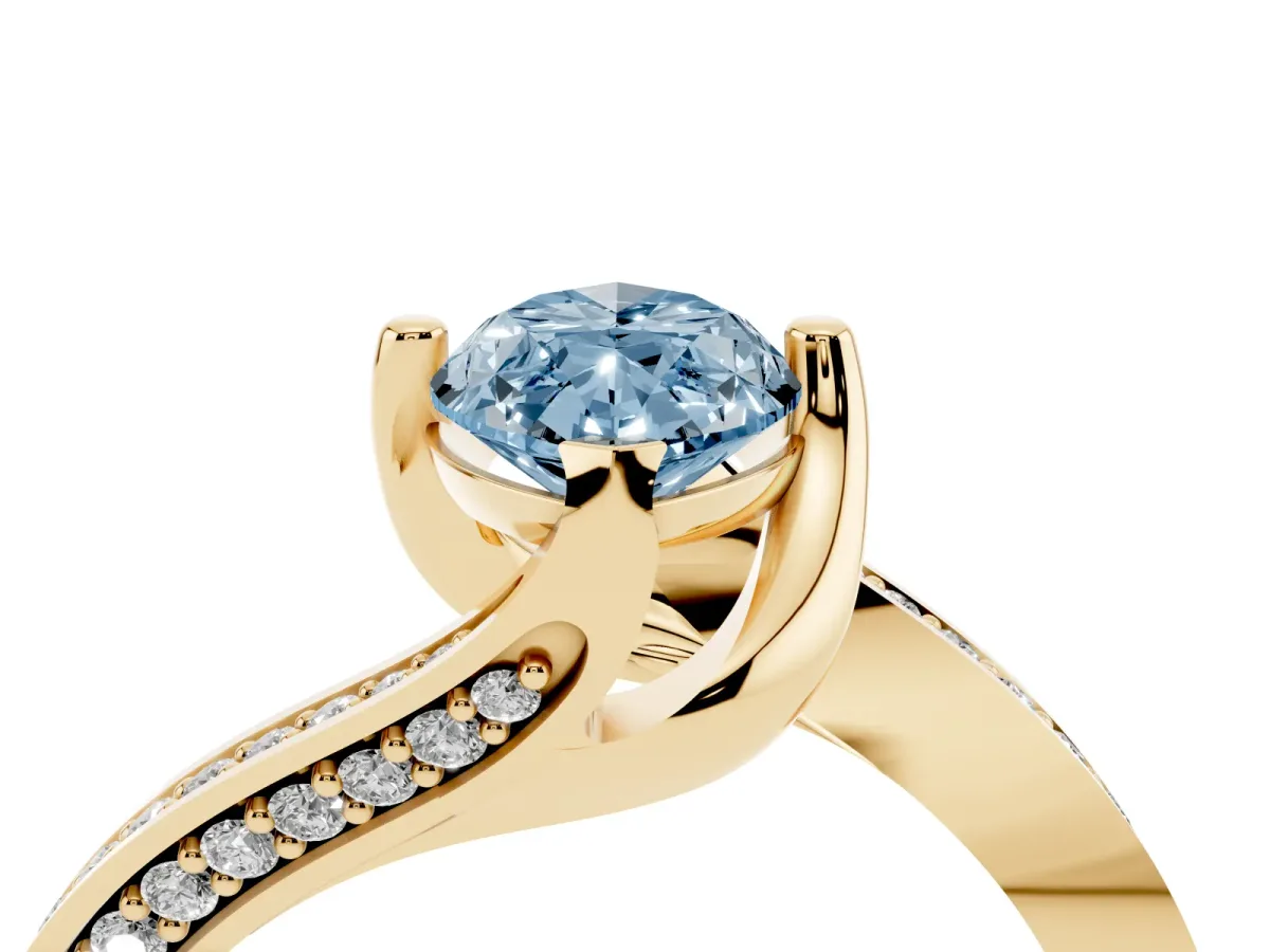 Fancy Blue Marquise Cut Solitaire Diamond Twist Band with Pavé Setting and Four-Prong Setting Yellow gold