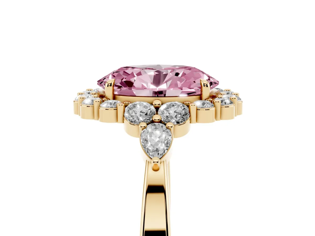 Fancy Pink Oval Cut Diamond Halo Ring with Pear Side Stones and Prong Setting Yellow gold