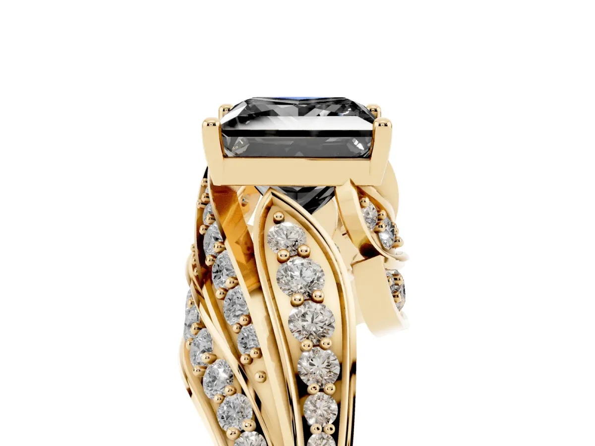 Fancy Black Princess Cut Diamond Solitaire Ring with Prong Setting and Twisted Pavé Band Yellow gold