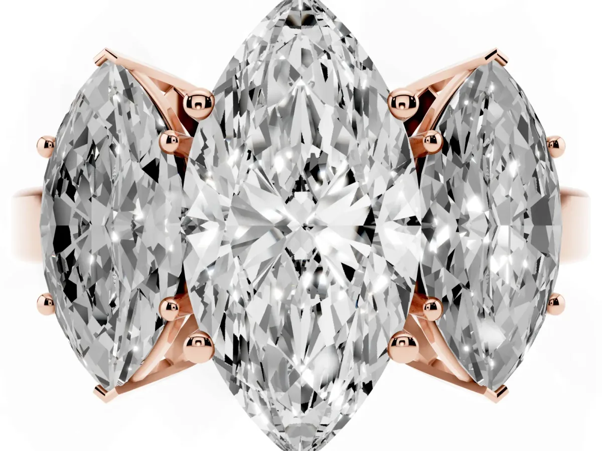 Three-Stone Marquise Cut Cut Diamond Engagement Ring with Flat Band and Four-Prong Setting Rose gold