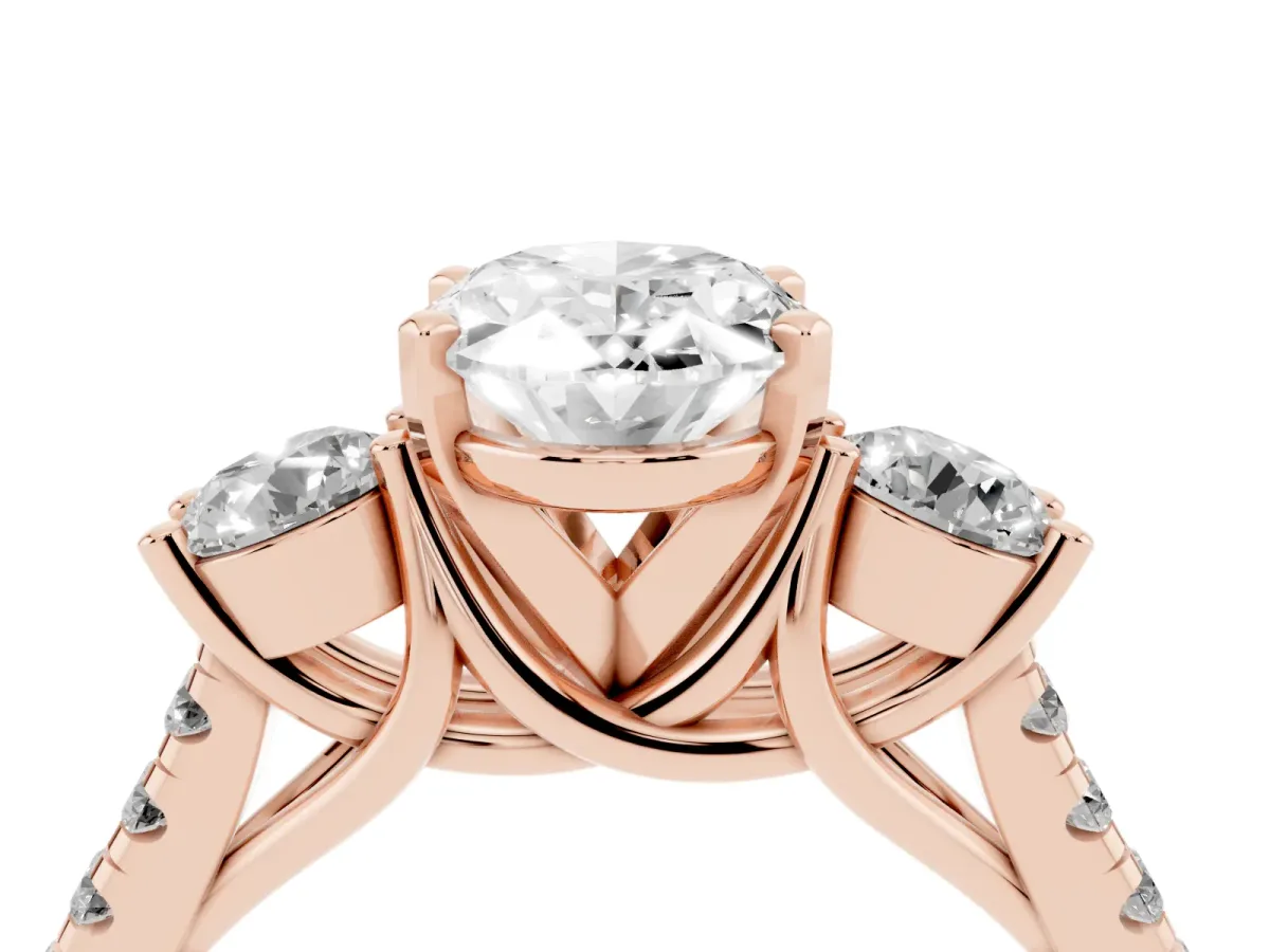 Three-Stone Oval Cut Diamond Pavé Band with Four-Prong Setting Rose gold