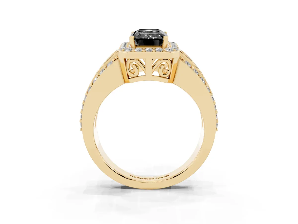 Fancy Black Emerald Cut Halo Diamond Ring with Round Split Shank and Prong Setting Yellow gold