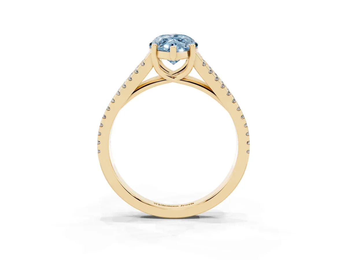 Fancy Blue Marquise Cut Diamond Solitaire Engagement Ring with Split Shank Pavé Band Yellow gold