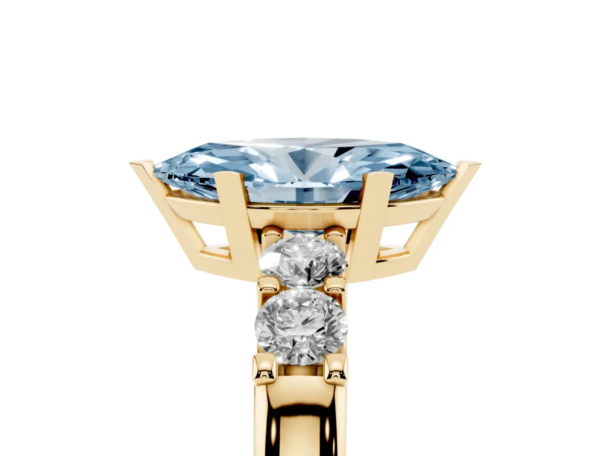 Fancy Blue Marquise Cut Brilliant Cut Diamond Five-Stone Prong Set Engagement Ring with Channel Band Yellow gold