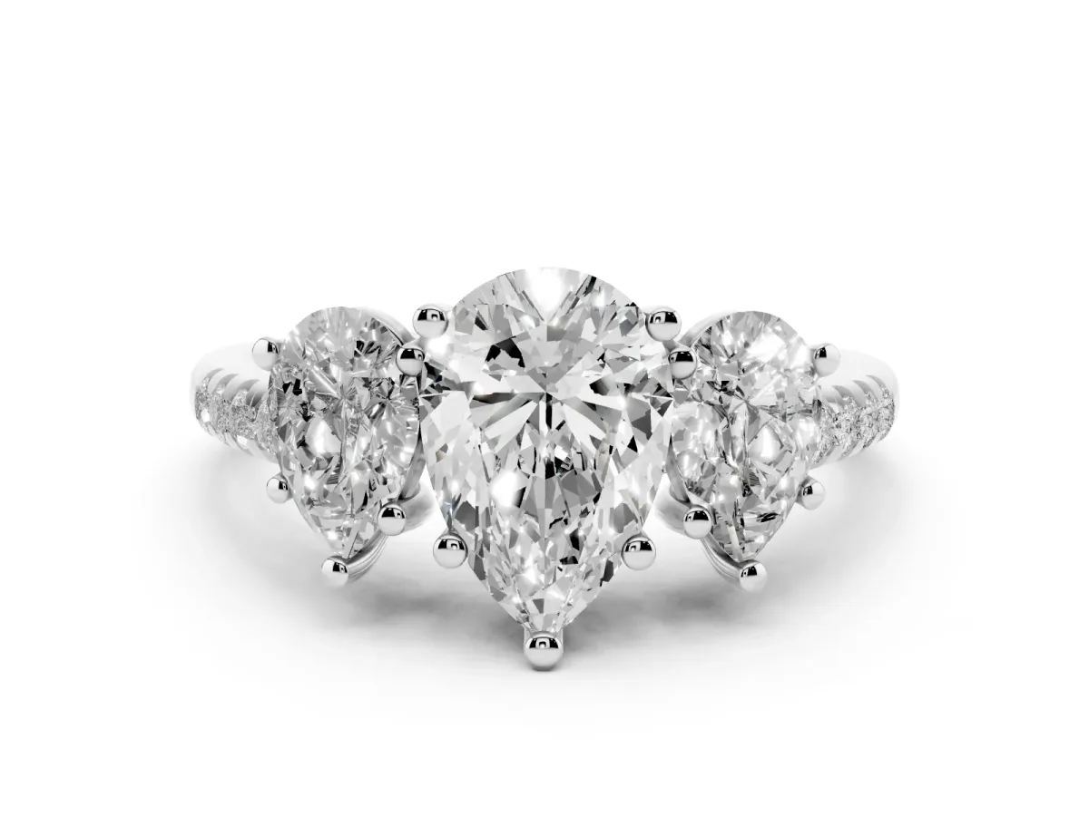 Three-Stone Pear Cut Diamond Ring with Round Pavé Band and Prong Setting Silver