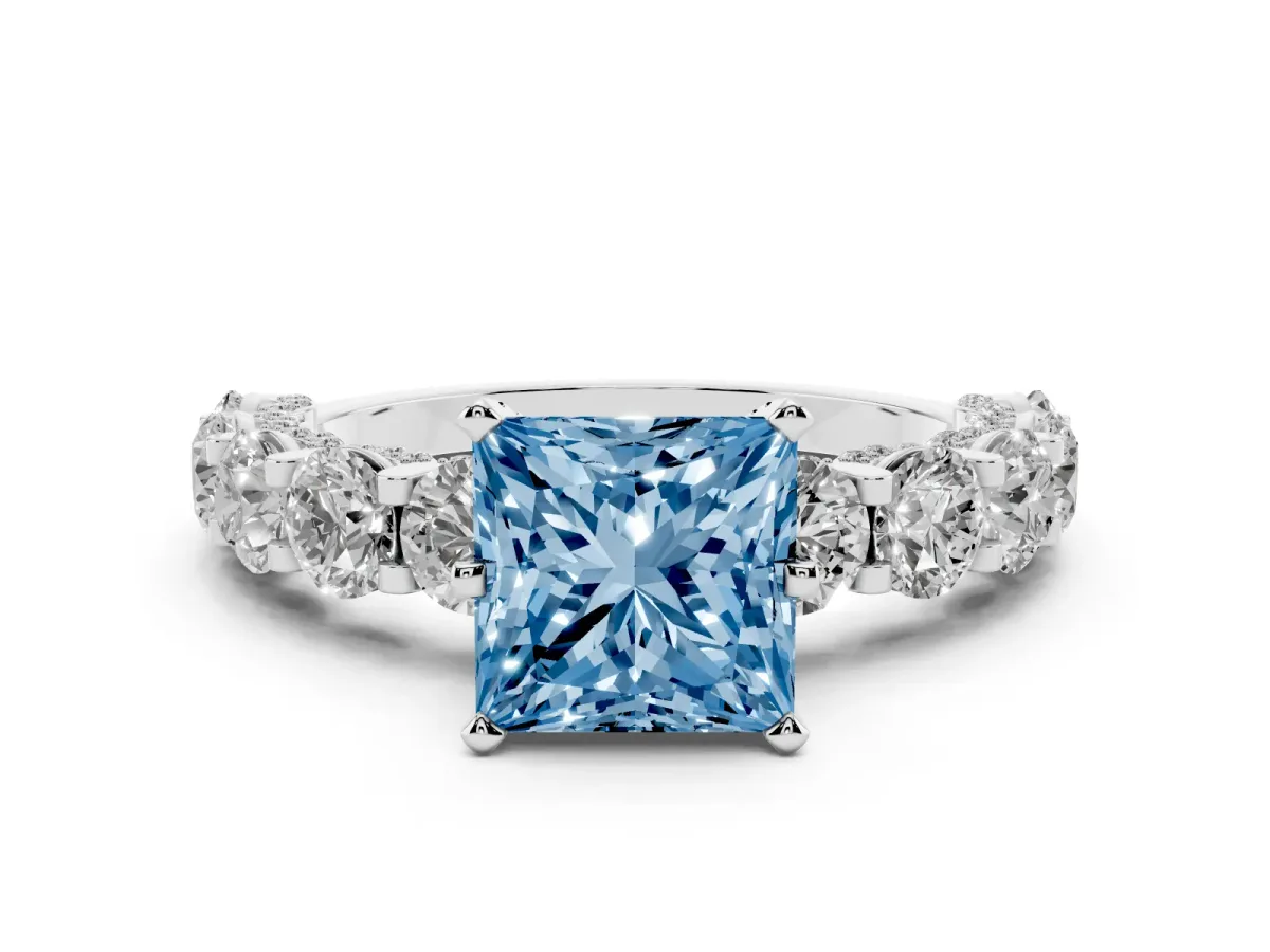 Fancy Blue Princess Cut Diamond Side Stone Engagement Ring with Four-Prong Setting Platinum