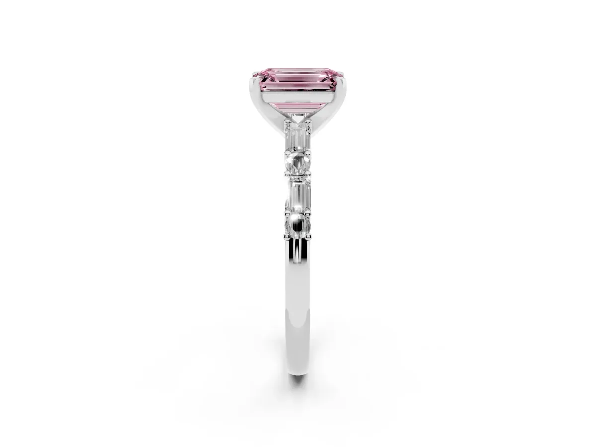 Fancy Pink Emerald Cut Diamond Solitaire with Side Baguettes and Channel Set Band Silver