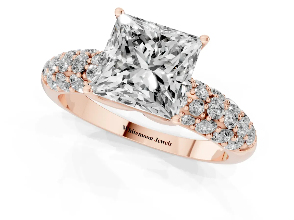 Princess Cut Diamond Pavé Band Solitaire Ring with Four-Prong Setting Rose gold