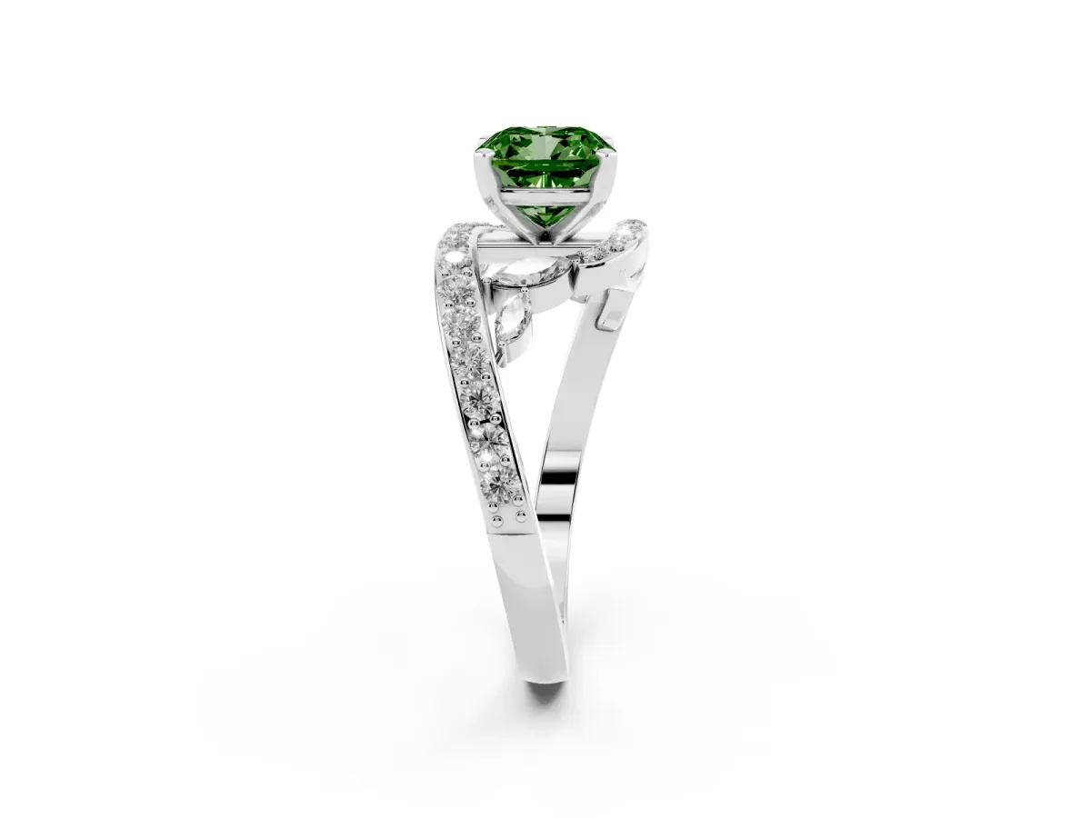 Fancy Green Cushion Cut Solitaire with Pavé Twist Band and Four-Prong Setting Platinum
