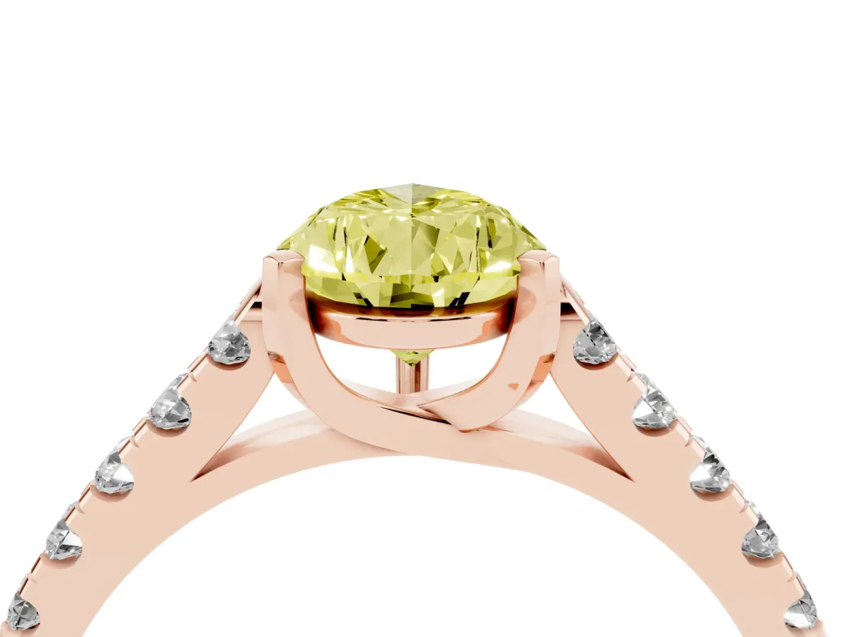 Fancy Yellow Pear Cut Diamond Pavé Band Solitaire Ring with Prong Setting Rose gold