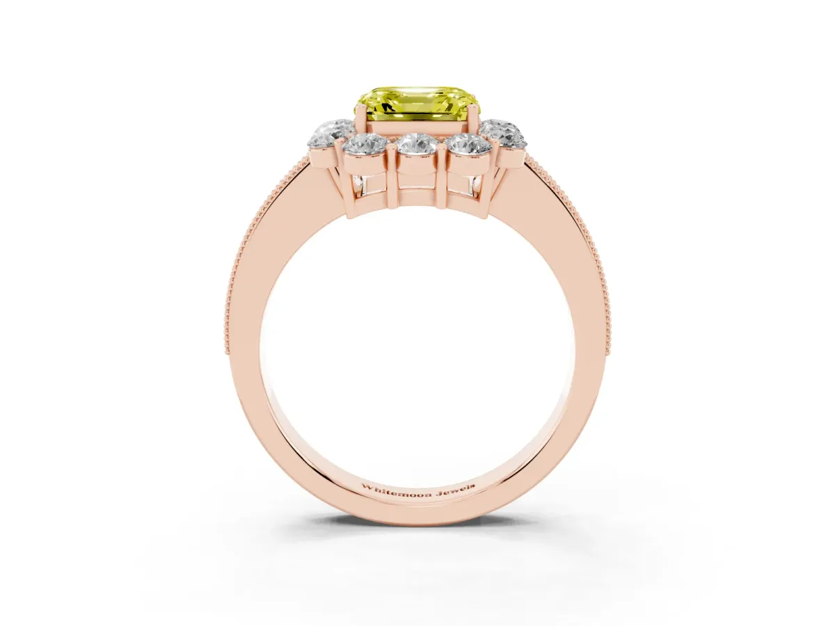 Fancy Yellow Asscher Cut Cut Halo Diamond Pavé Engagement Ring with Milgrain Detailing Rose gold