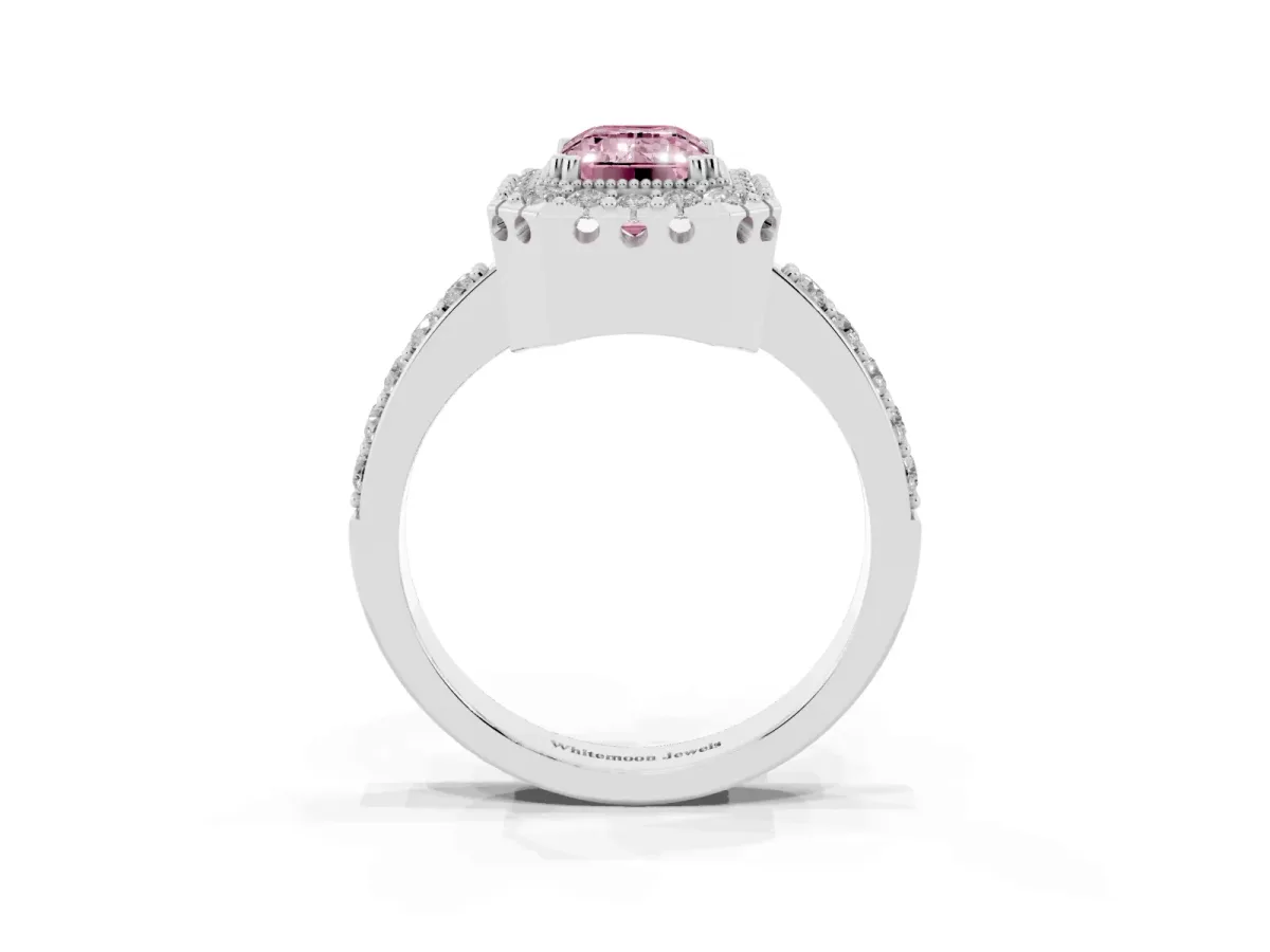 Fancy Pink Emerald Cut Diamond Halo Ring with Pavé Band and Prong Setting Platinum
