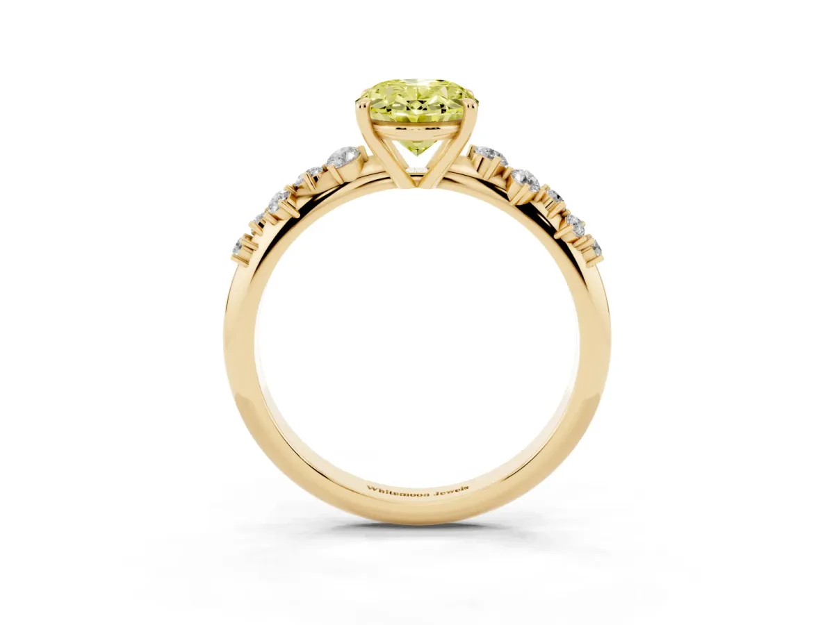 Fancy Yellow Oval Cut Diamond Cluster Side Stone Solitaire Ring with Prong Setting Yellow gold