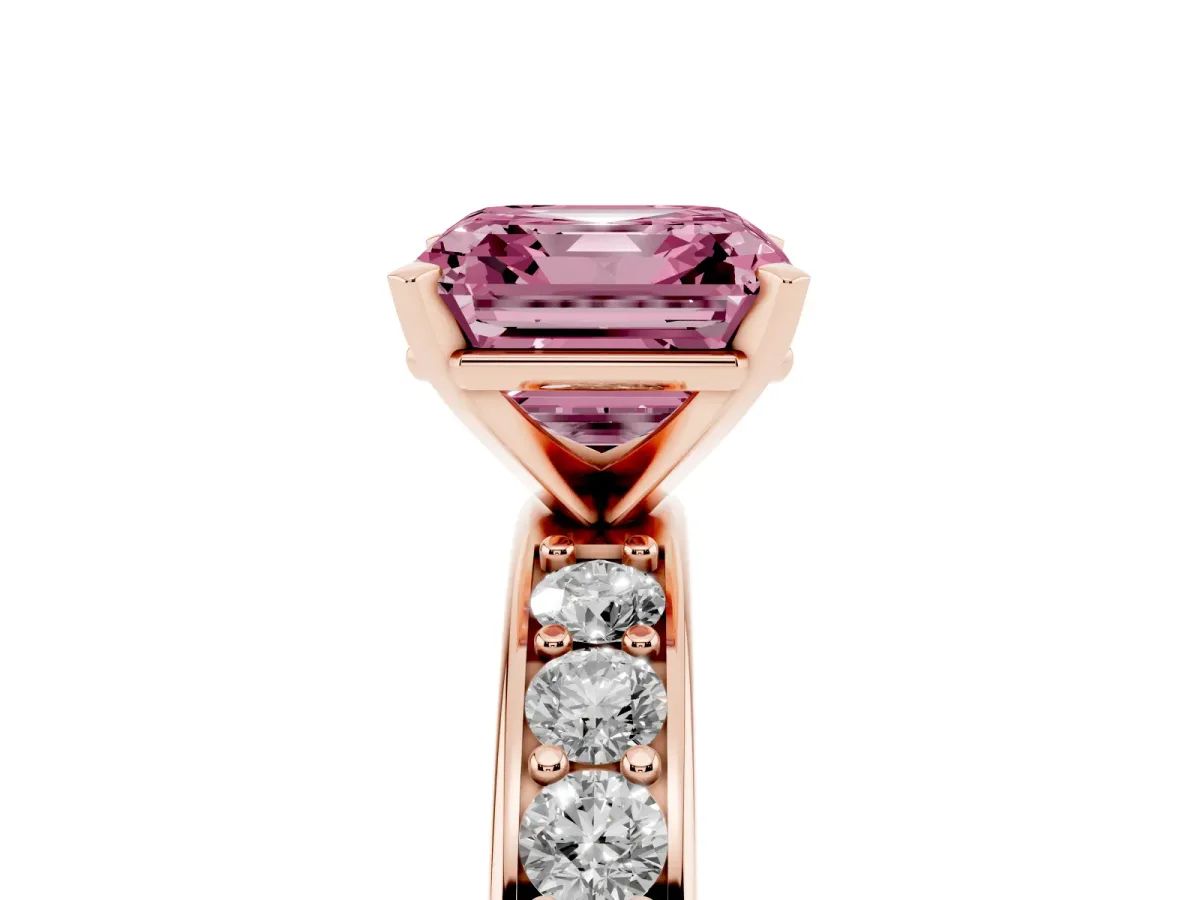 Fancy Pink Asscher Cut Diamond Engagement Ring with Channel Set Round Band and Prong Setting Rose gold