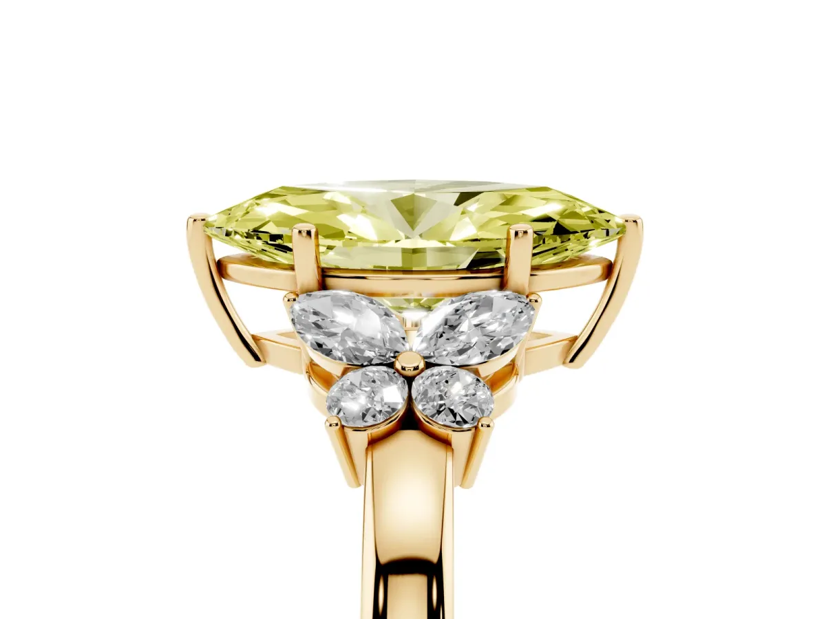 Fancy Yellow Marquise Cut Cut Solitaire Floral Diamond Ring with Four-Prong Setting Yellow gold