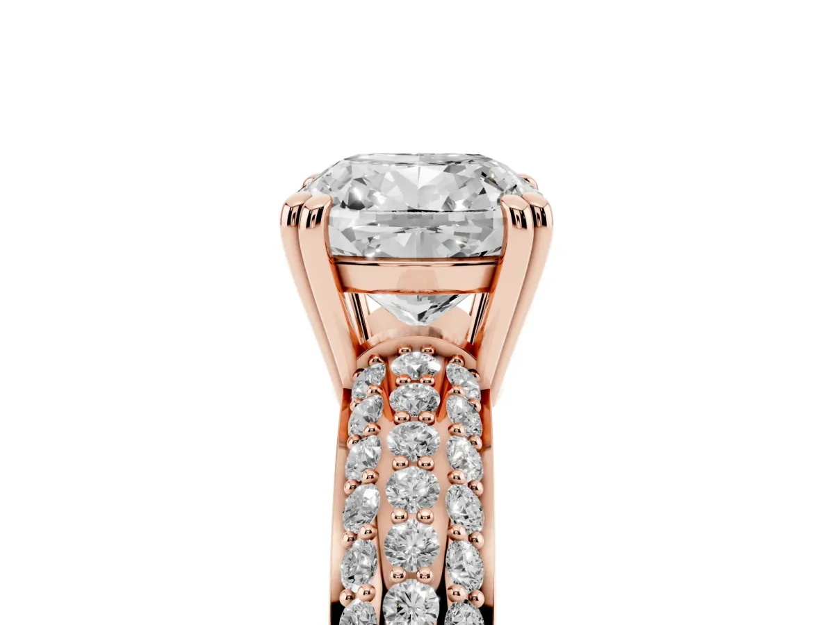 Cushion Cut Diamond Solitaire Ring with Multi-Row Round Pavé Band and Prong Setting Rose gold