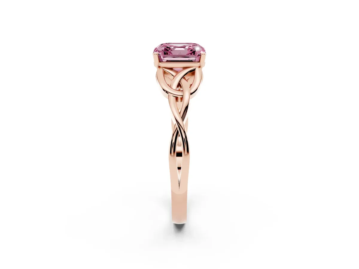 Fancy Pink Asscher Cut Diamond Solitaire Engagement Ring with Celtic Knot Band and Four-Prong Setting Rose gold