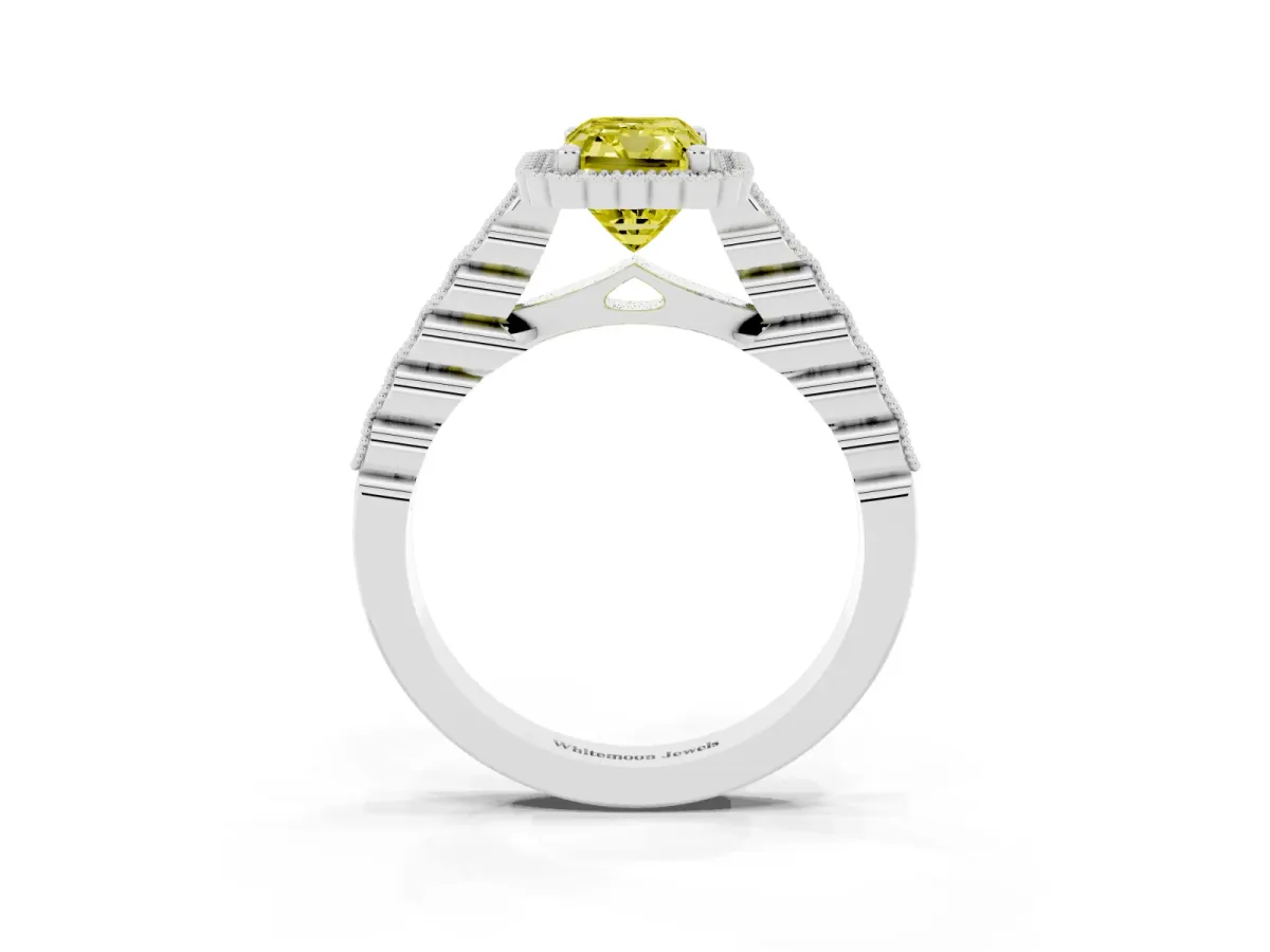 Fancy Yellow Radiant Cut Cut Halo Pavé Solitaire Ring with Milgrain Band White gold