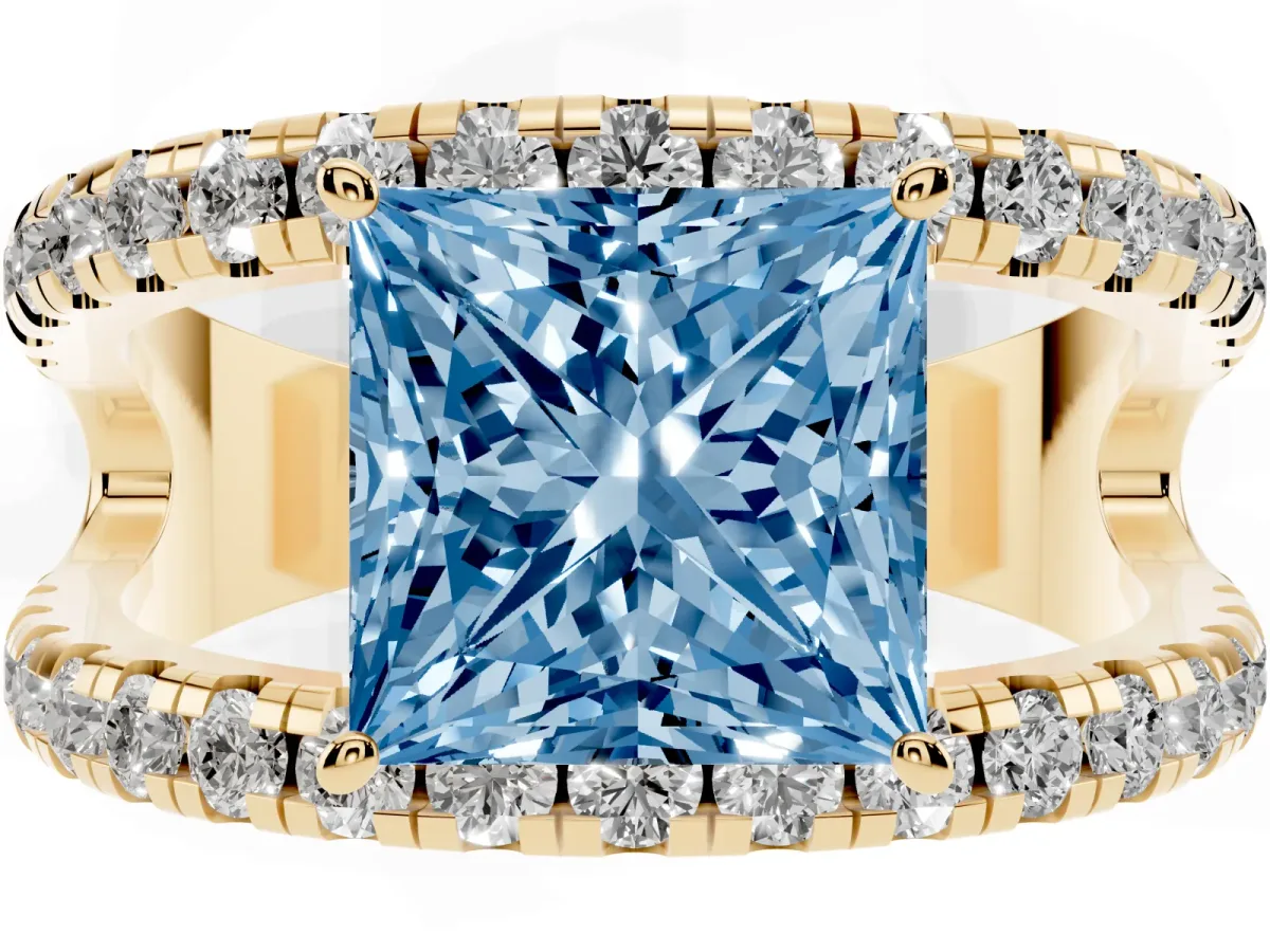 Fancy Blue Princess Cut Solitaire Split Shank Pave Diamond Ring Yellow gold