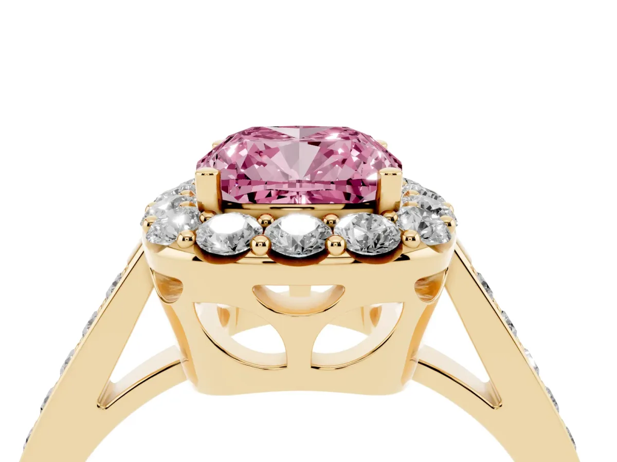 Fancy Pink Cushion Cut Diamond Floral Halo Ring with Pavé Band and Prong Setting Yellow gold