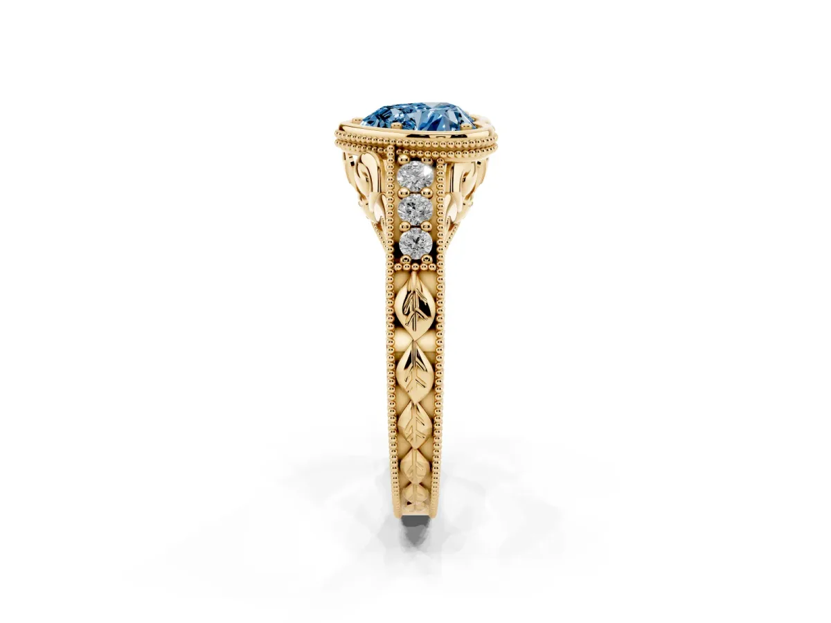 Fancy Blue Bezel Set Heart Cut Diamond Milgrain Pave Engagement Ring Yellow gold