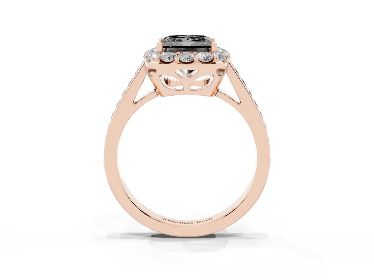 Fancy Black Princess Cut Diamond Floral Halo Ring with Pavé Band and Prong Setting Rose gold