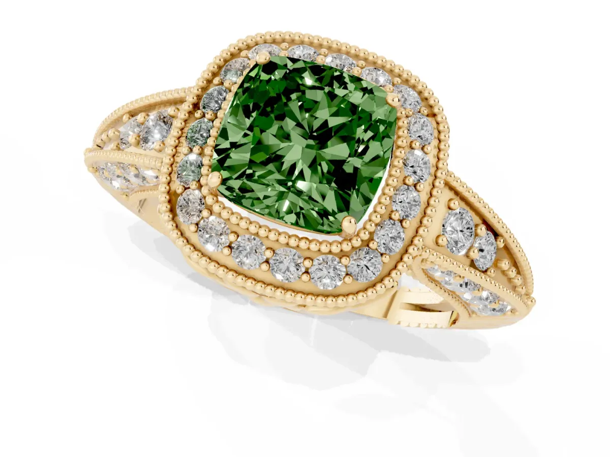 Fancy Green Cushion Cut Halo Diamond Split Shank Ring with Milgrain Detail Yellow gold