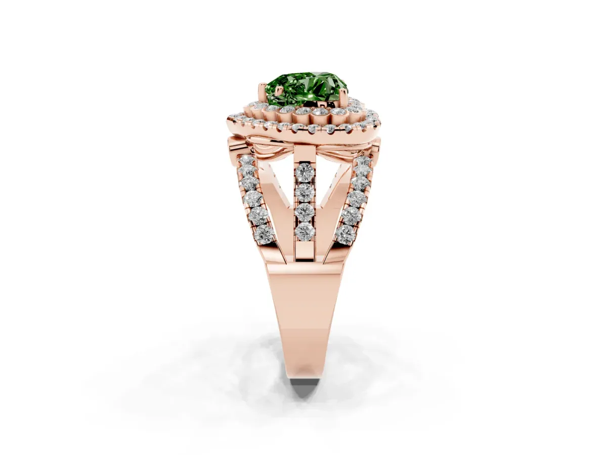 Fancy Green Heart Cut Diamond Double Halo Ring with Round Pavé Split Shank and Prong Setting Rose gold