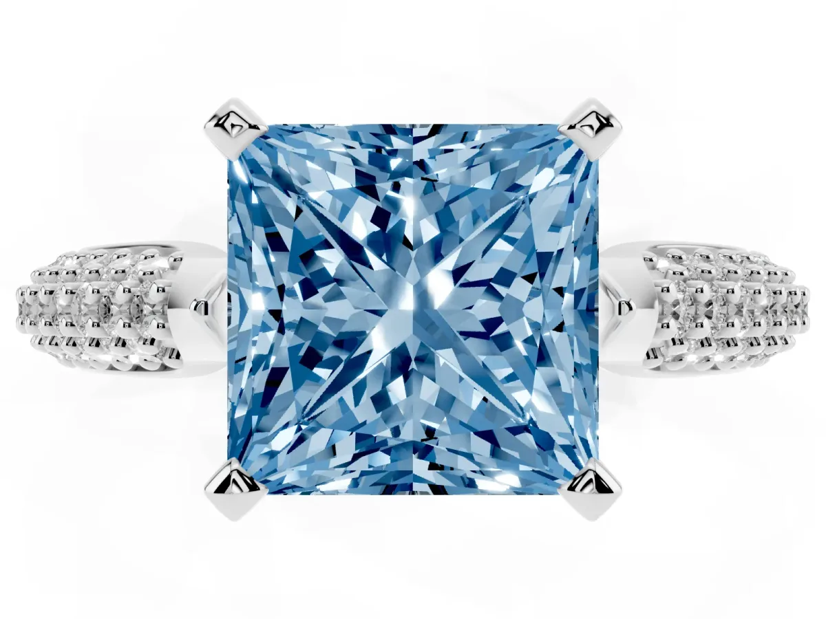 Fancy Blue Princess Cut Diamond Solitaire Engagement Ring with Multi-Row Round Pavé Band and Prong Setting White gold