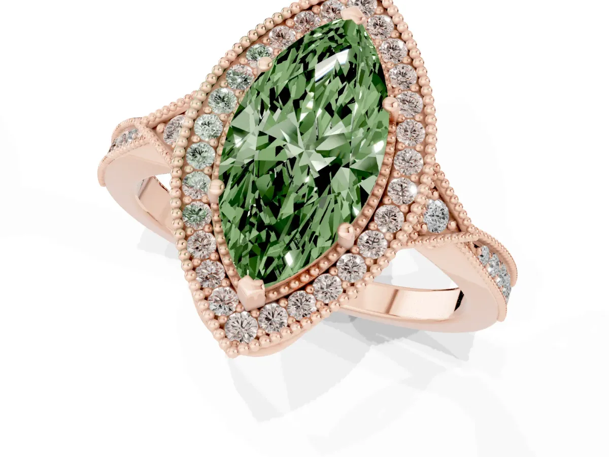 Fancy Green Marquise Cut Halo Round Diamond Milgrain Pave Engagement Ring Rose gold