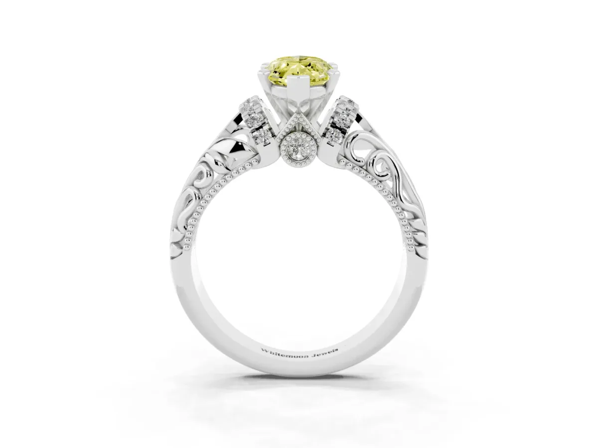 Fancy Yellow Marquise Cut Solitaire Filigree Engagement Ring with Halo and Prong Setting White gold