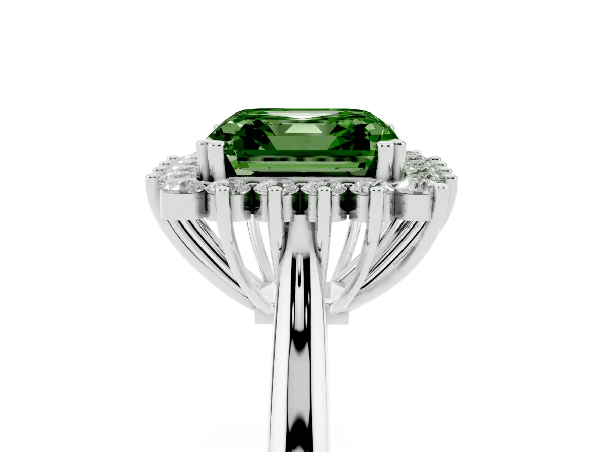 Fancy Green Asscher Cut Cut Diamond Halo Ring with Solitaire Band and Prong Setting Silver