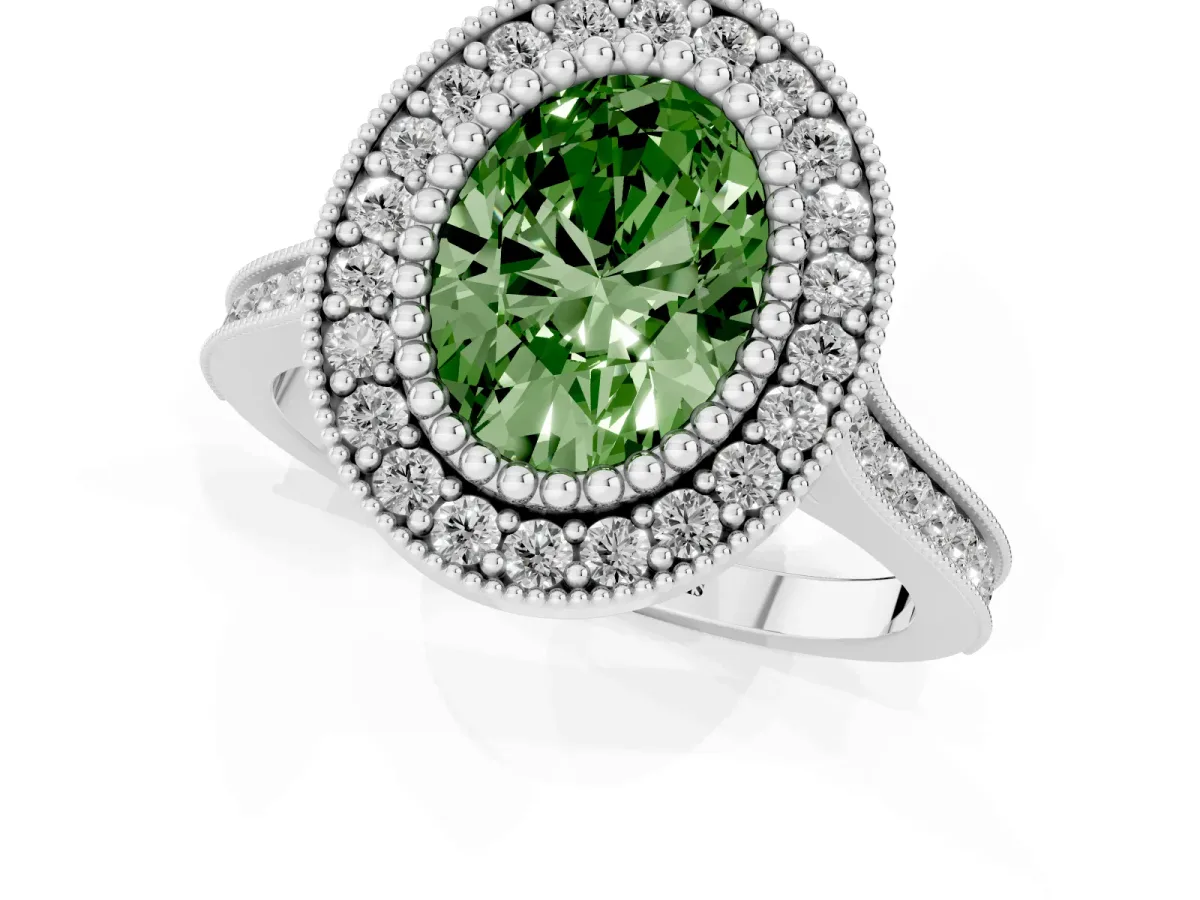 Fancy Green Oval Cut Diamond Halo Ring with Milgrain Frame and Pavé Band Platinum