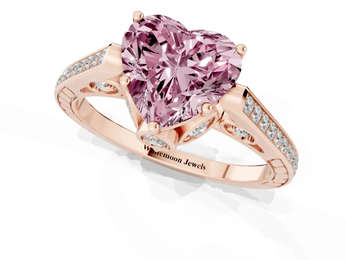 Fancy Pink Heart Cut Cut Cathedral Pave Diamond Engagement Ring with Six-Prong Setting Rose gold