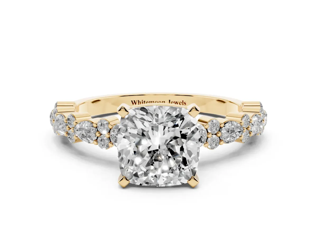 Cushion Cut Diamond Side Stone Solitaire Ring with Round and Four-Prong Setting Yellow gold