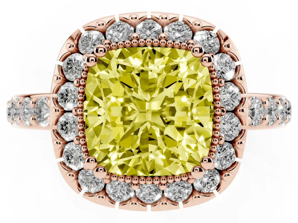 Fancy Yellow Cushion Cut Diamond Halo Ring with Pavé Band and Prong Setting Rose gold