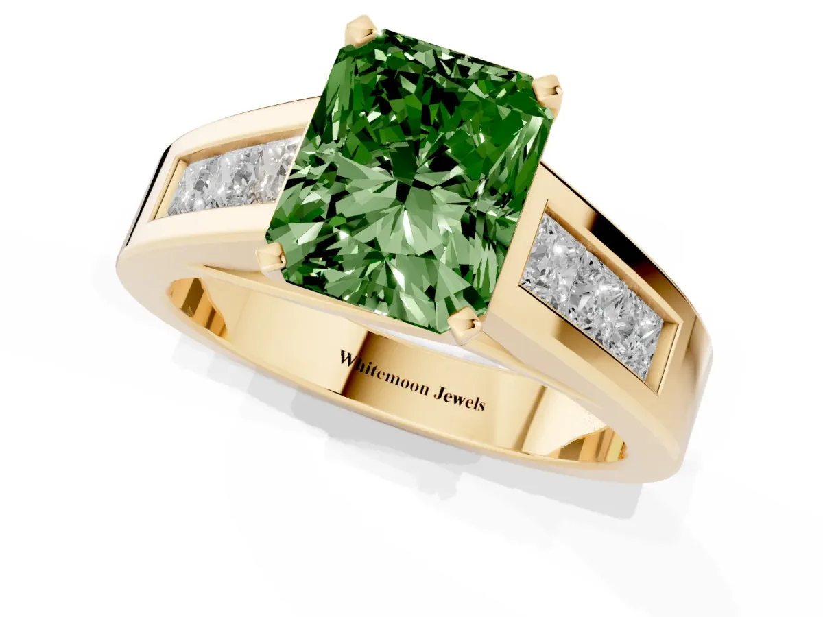 Fancy Green Radiant Cut Cut Channel Set Solitaire Ring with Four-Prong Setting Yellow gold