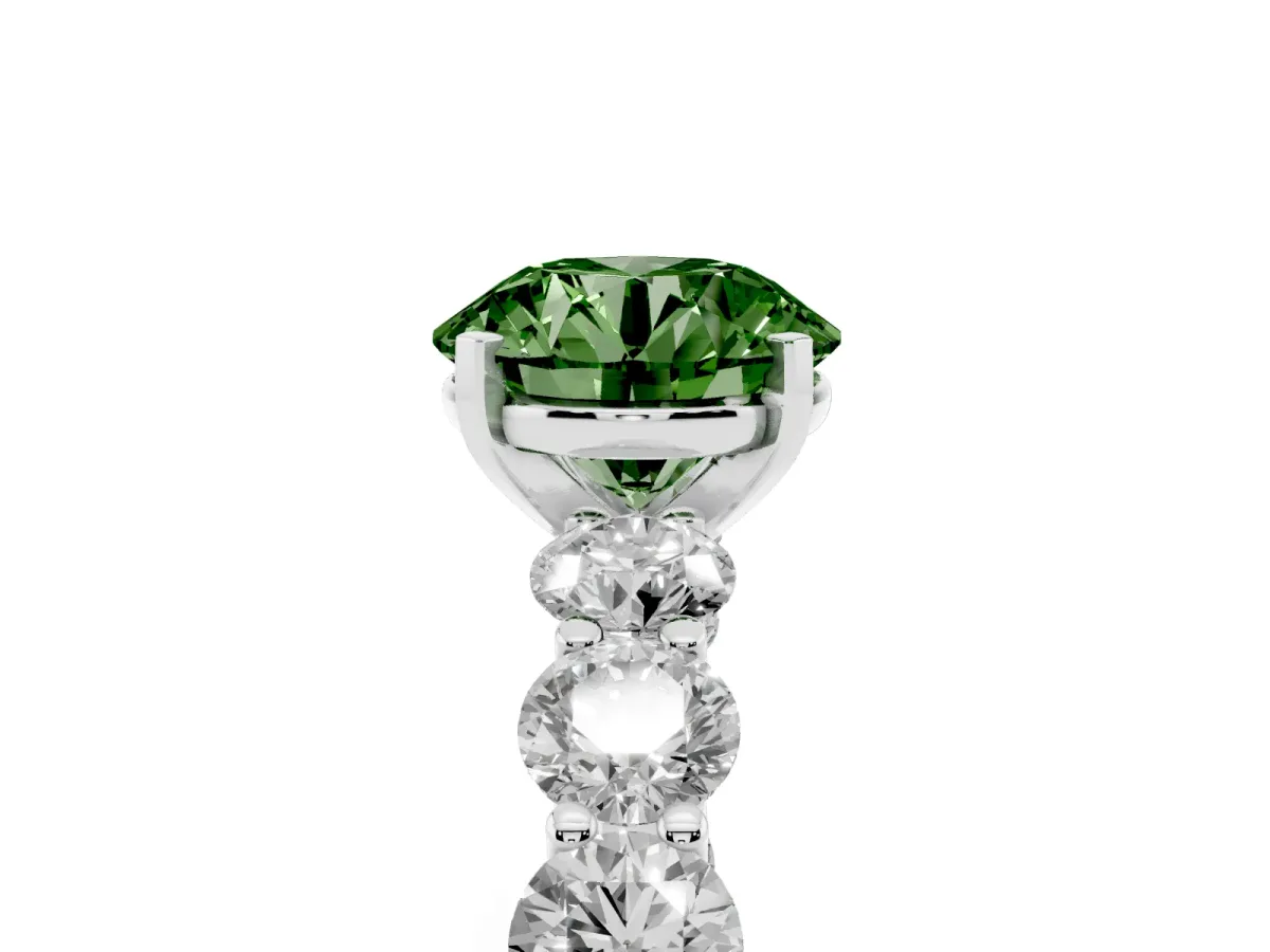 Fancy Green Round Cut Diamond Prong Setting with Side Stones on a Pave Band Silver