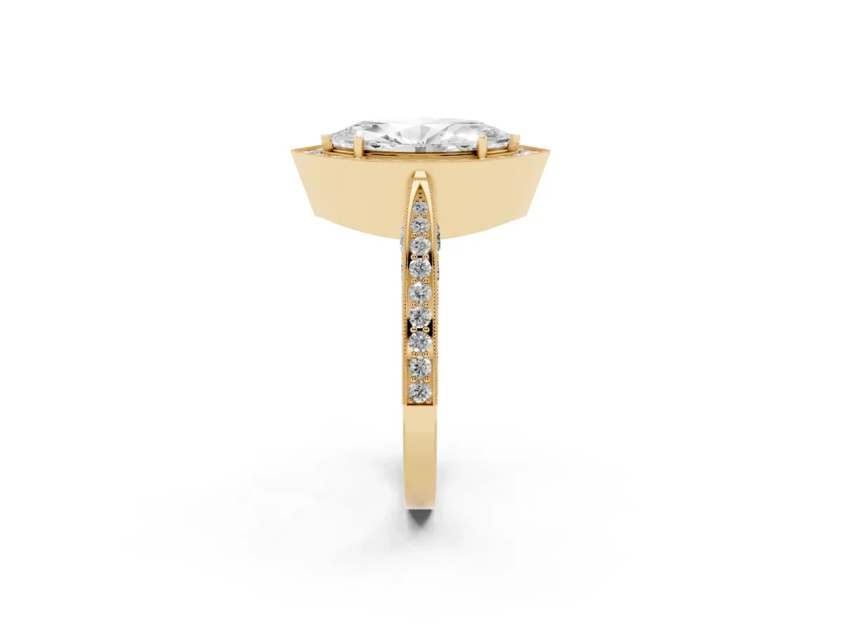 Marquise Cut Halo Diamond Engagement Ring with Split Shank Band and Four-Prong Setting Yellow gold
