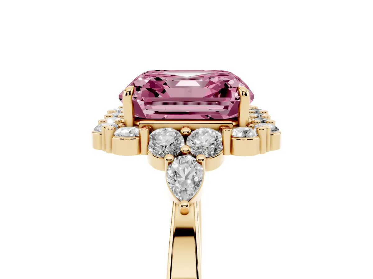 Fancy Pink Asscher Cut Diamond Halo Ring with Pear Side Stones and Prong Setting Yellow gold
