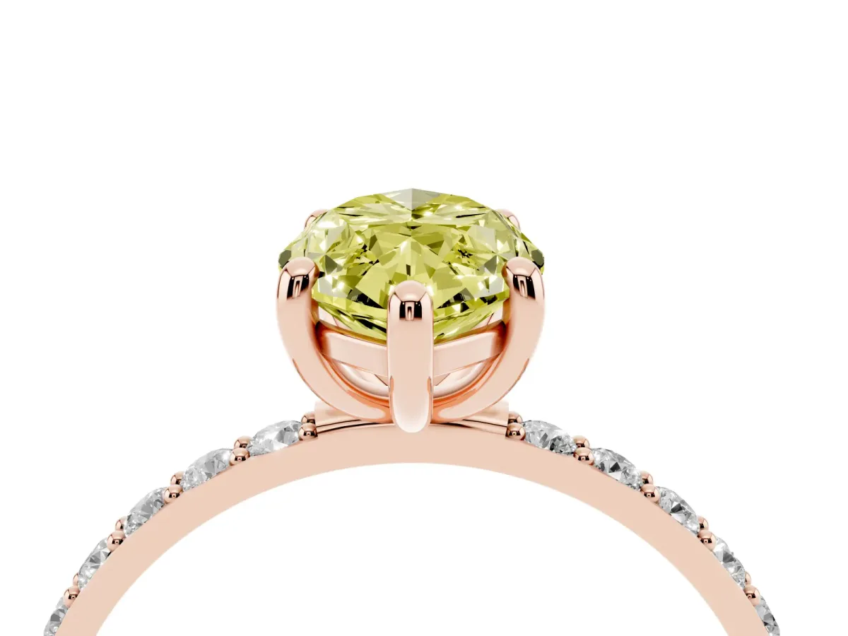 Fancy Yellow Marquise Cut Diamond Solitaire Ring with Round Pavé Band and Prong Setting Rose gold
