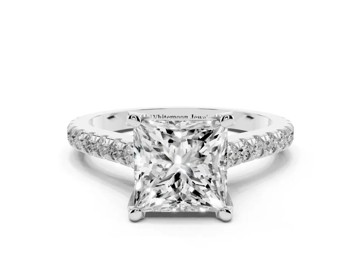 Princess Cut Brilliant Diamond Solitaire with Pavé Band and Four-Prong Setting Silver