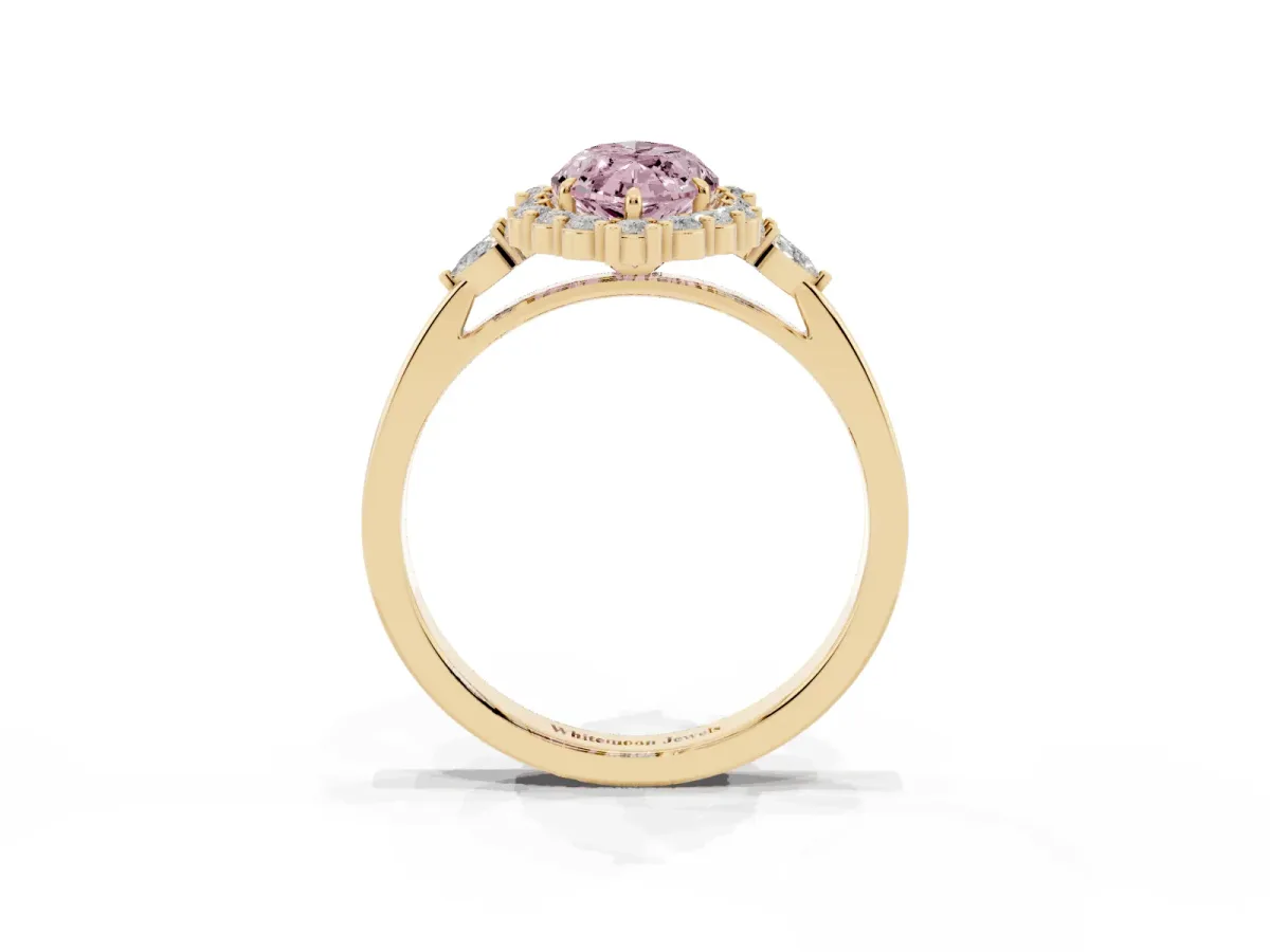 Fancy Pink Marquise Cut Diamond Halo Ring with Pear Side Stones and Prong Setting Yellow gold