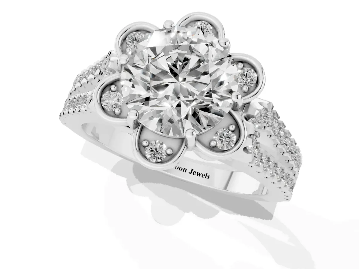 Round Cut Halo Diamond Floral Split Shank Engagement Ring Silver