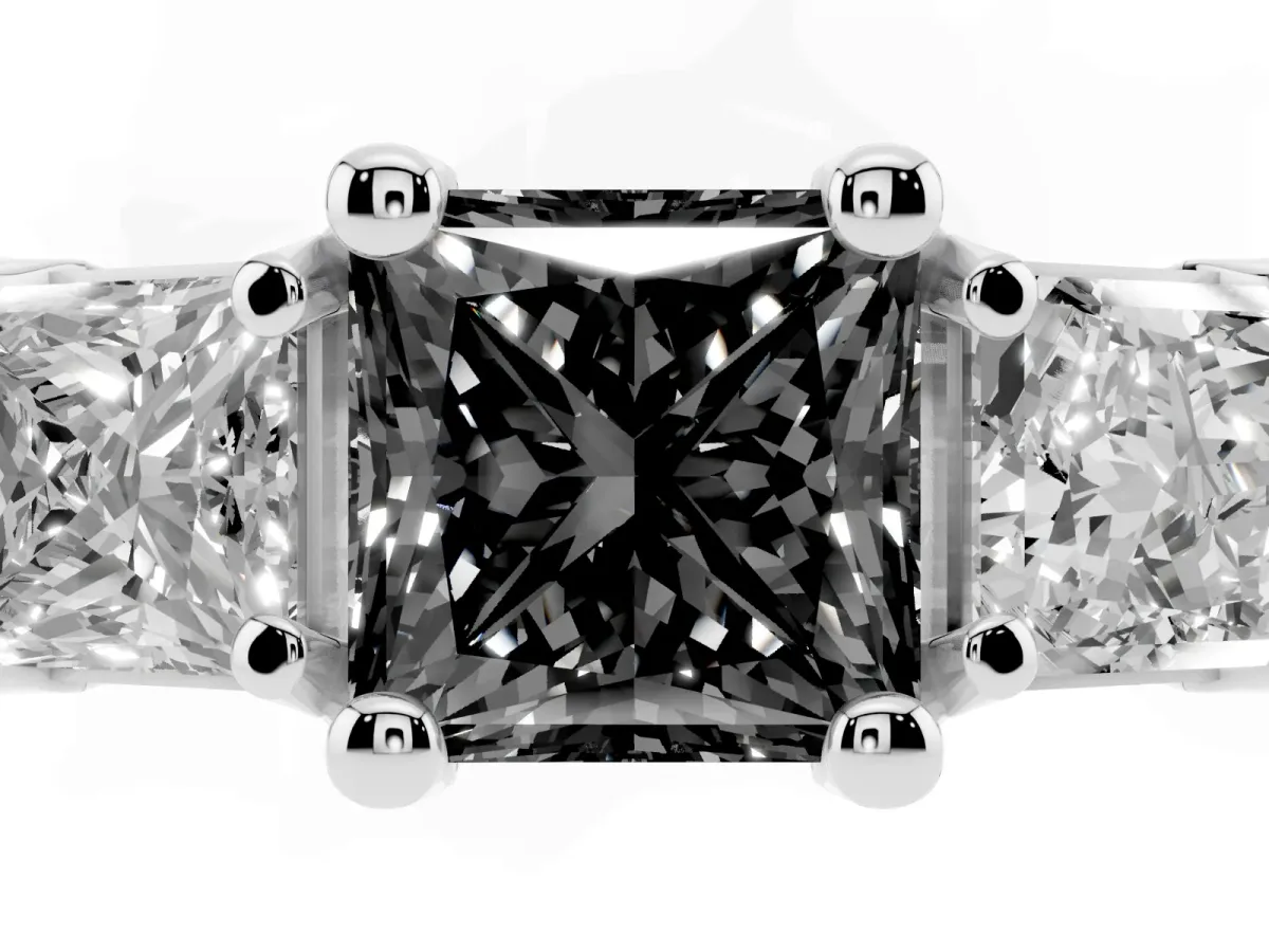 Fancy Black Princess Cut Diamond Three-Stone Ring with Channel Set Band and Four-Prong Setting Platinum