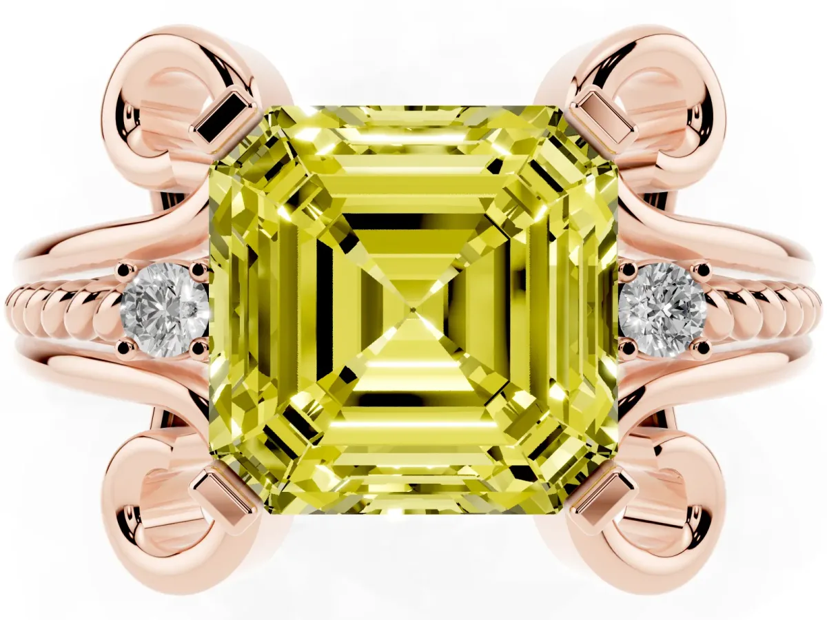 Fancy Yellow Asscher Cut Solitaire Twisted Band Scroll Prong Ring Rose gold
