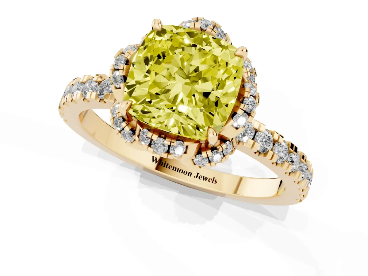 Fancy Yellow Cushion Cut Halo Diamond Pave Band Ring with Four-Prong Setting Yellow gold