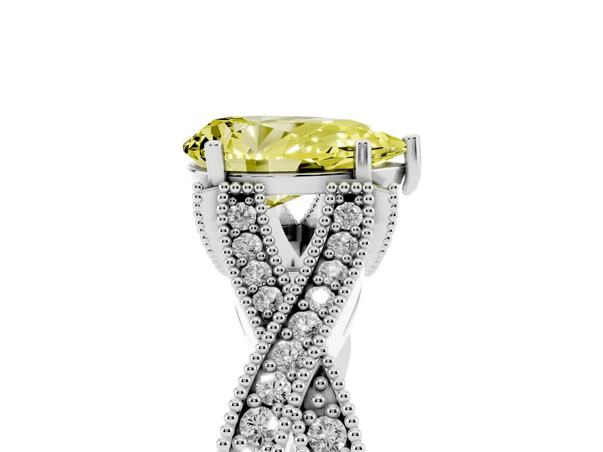 Fancy Yellow Pear Cut Cut Diamond Twisted Band with Milgrain Pave Setting and Four-Prong Setting Silver
