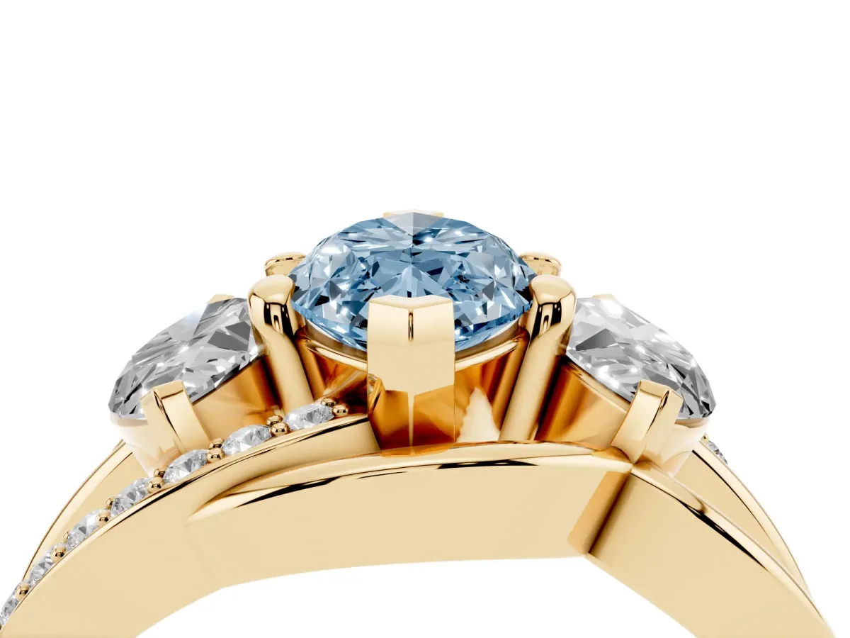 Fancy Blue Three-Stone Marquise Cut Cut Diamond Split Shank Prong Set Ring Yellow gold