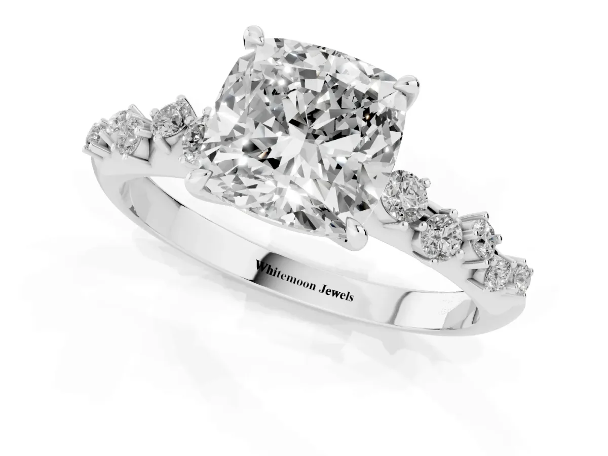 Cushion Cut Diamond Cluster Side Stone Solitaire Ring with Prong Setting Silver